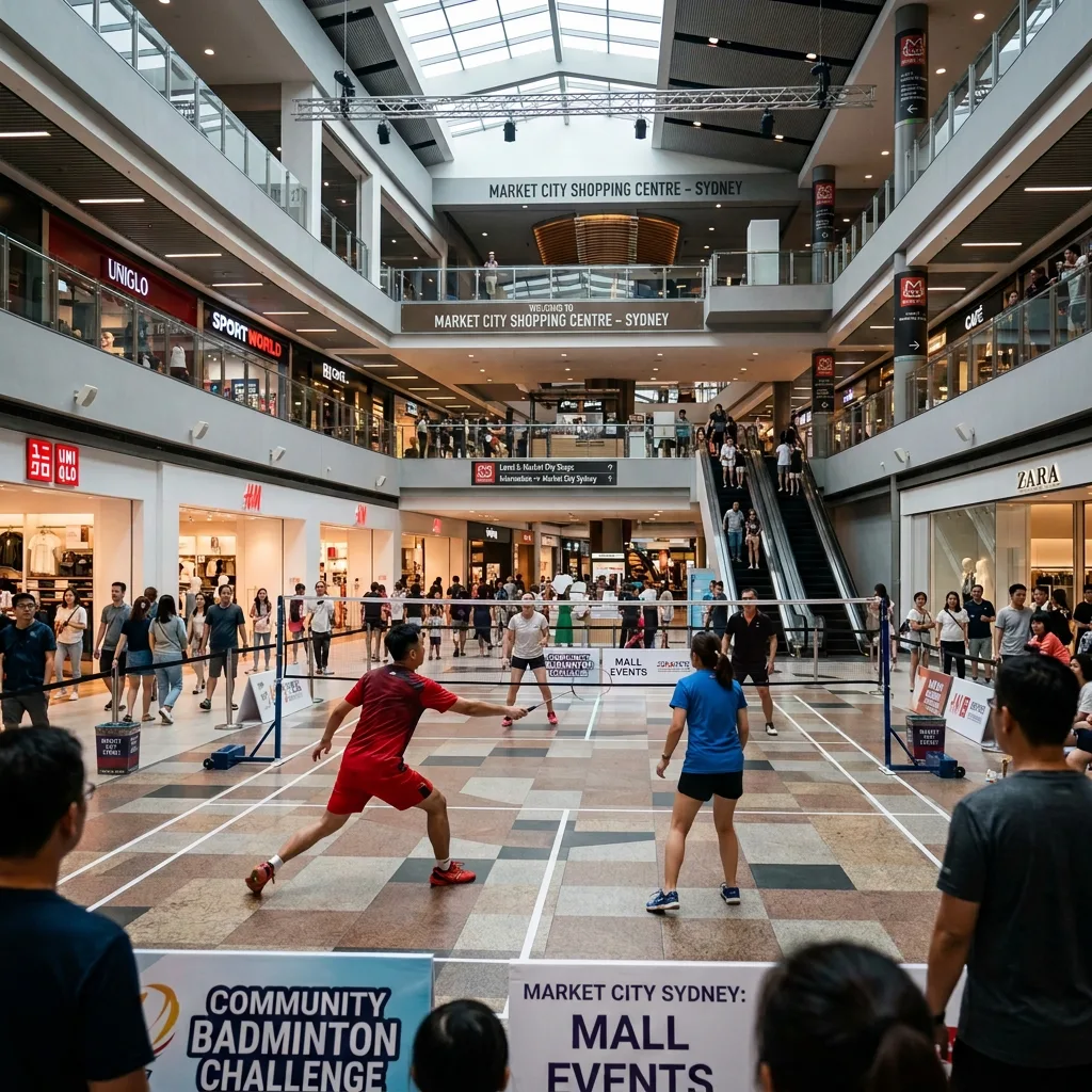 Players competing in a badminton match inside a shopping mall with spectators around